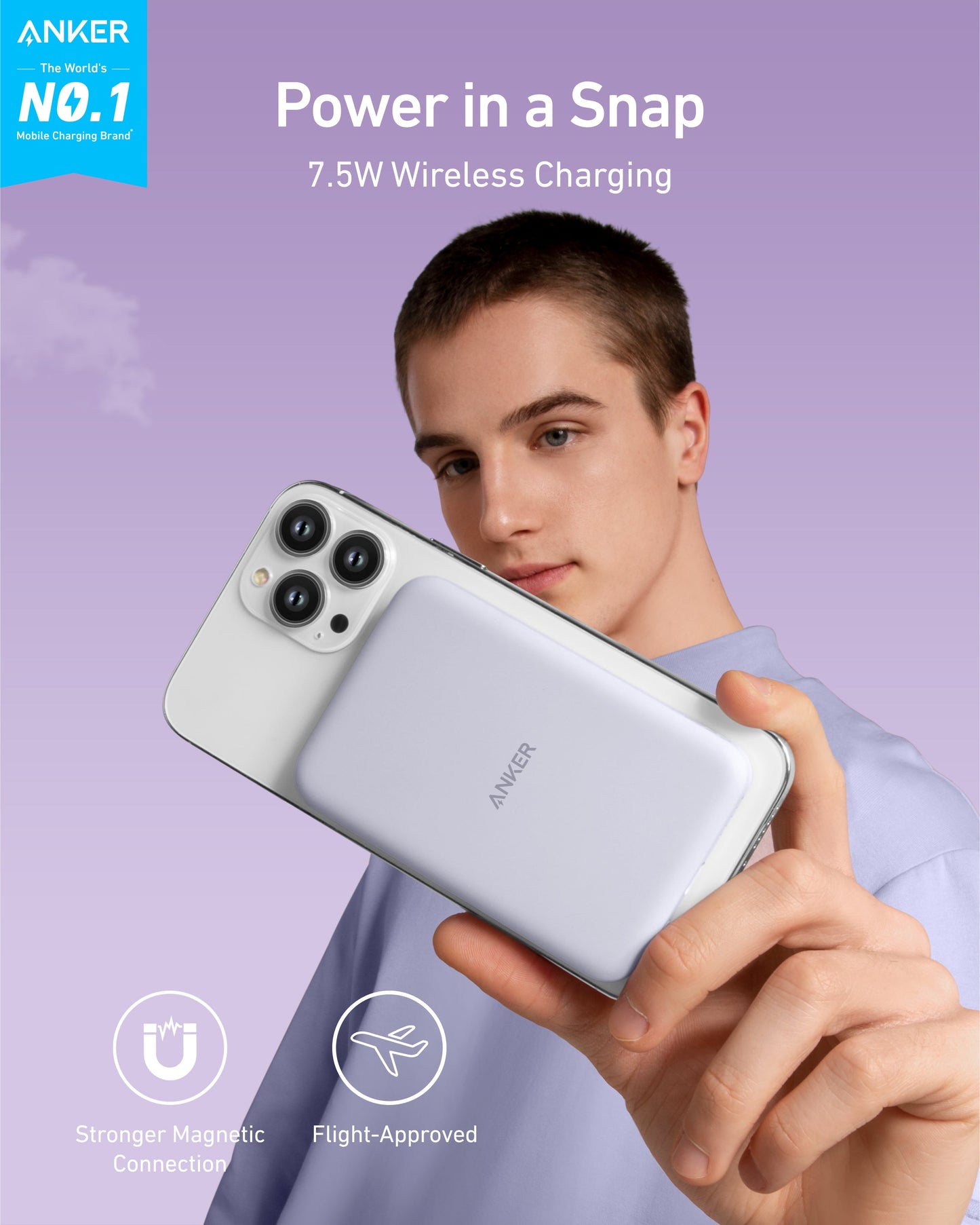 A young man holds a smartphone with the Anker 621 Magnetic Battery (MagGo) attached. Text reads, “Power in a Snap, 7.5W Wireless Charging.” Icons show Stronger Magnetic Connection and Flight-Approved on a pastel purple background.