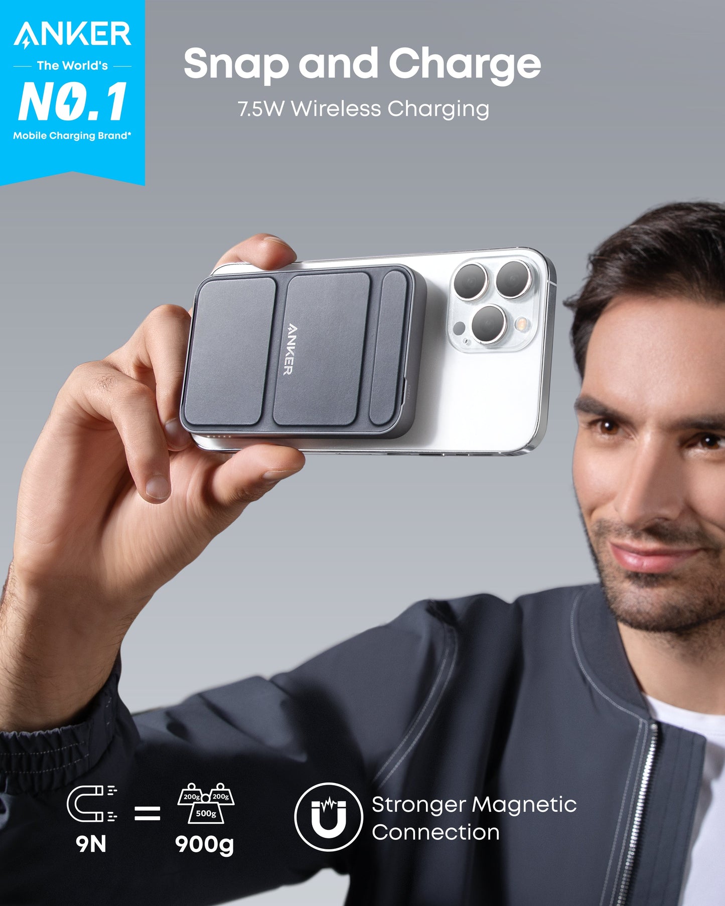 A man in a gray jacket holds a white iPhone with an attached black Anker 622 Magnetic Battery (MagGo). Highlights include "Snap and Charge," "7.5W Wireless Charging," and "Stronger Magnetic Connection" for MagSafe users.
