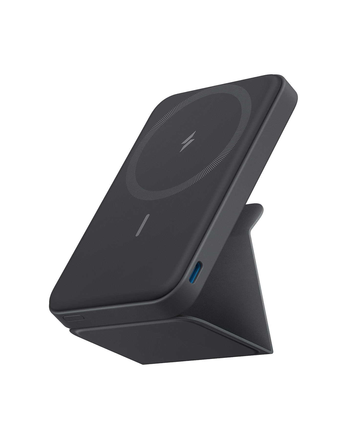 The Anker 622 Magnetic Battery (MagGo) by Anker is a sleek black wireless charger with a circular pad, foldable kickstand, USB-C port, and LED indicator. It’s angled for convenience and shown against a plain white background.