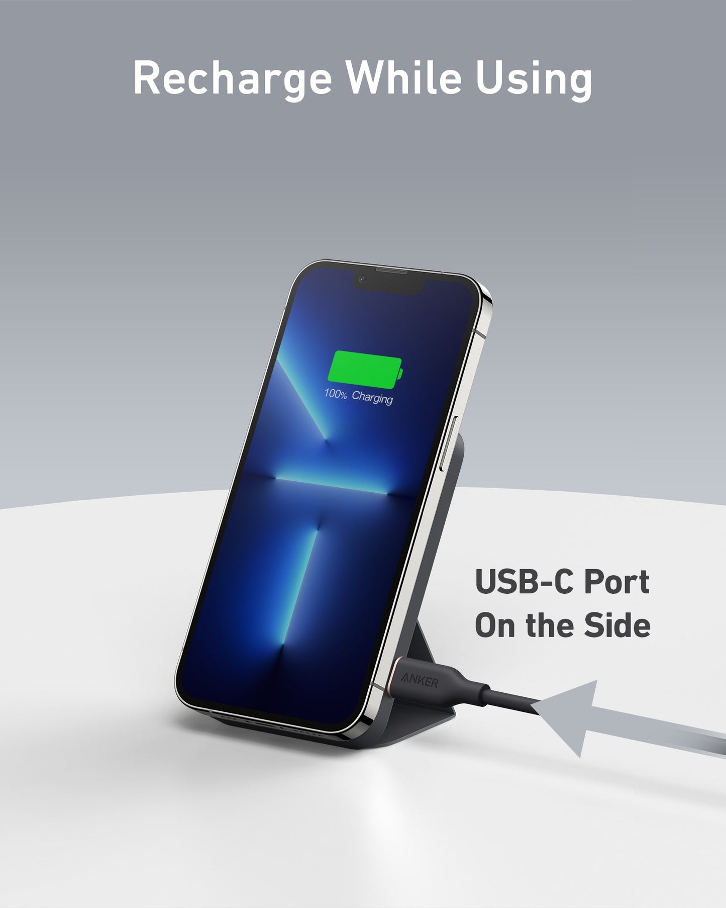 An Anker 622 Magnetic Battery (MagGo) charges a smartphone upright, with a charging symbol visible. An arrow points to the USB-C port on the side. Text: “Recharge While Using” and “USB-C Port On the Side.”.