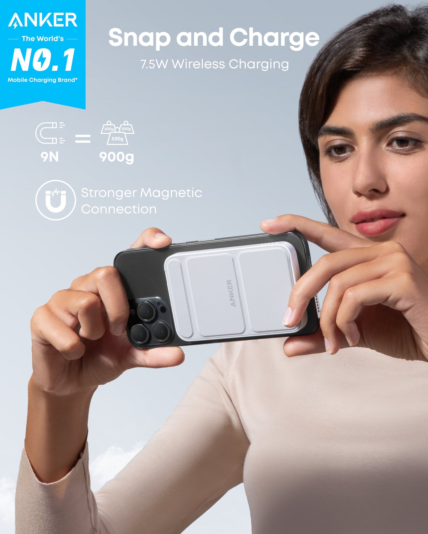 A woman holds a smartphone with an Anker 622 Magnetic Battery (MagGo) attached. Promo text highlights 7.5W wireless charging, stronger magnetic connection, and a blue badge naming Anker as the #1 mobile charging brand.