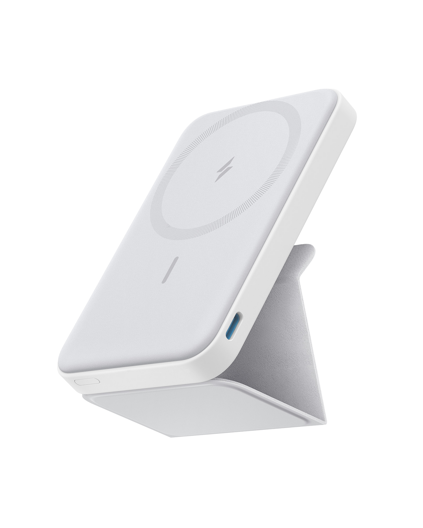 The Anker 622 Magnetic Battery (MagGo) is a white, rectangular wireless charger with rounded edges, standing upright on its foldable kickstand. It features a circular charging symbol, a side USB-C port, and has a plain white background.