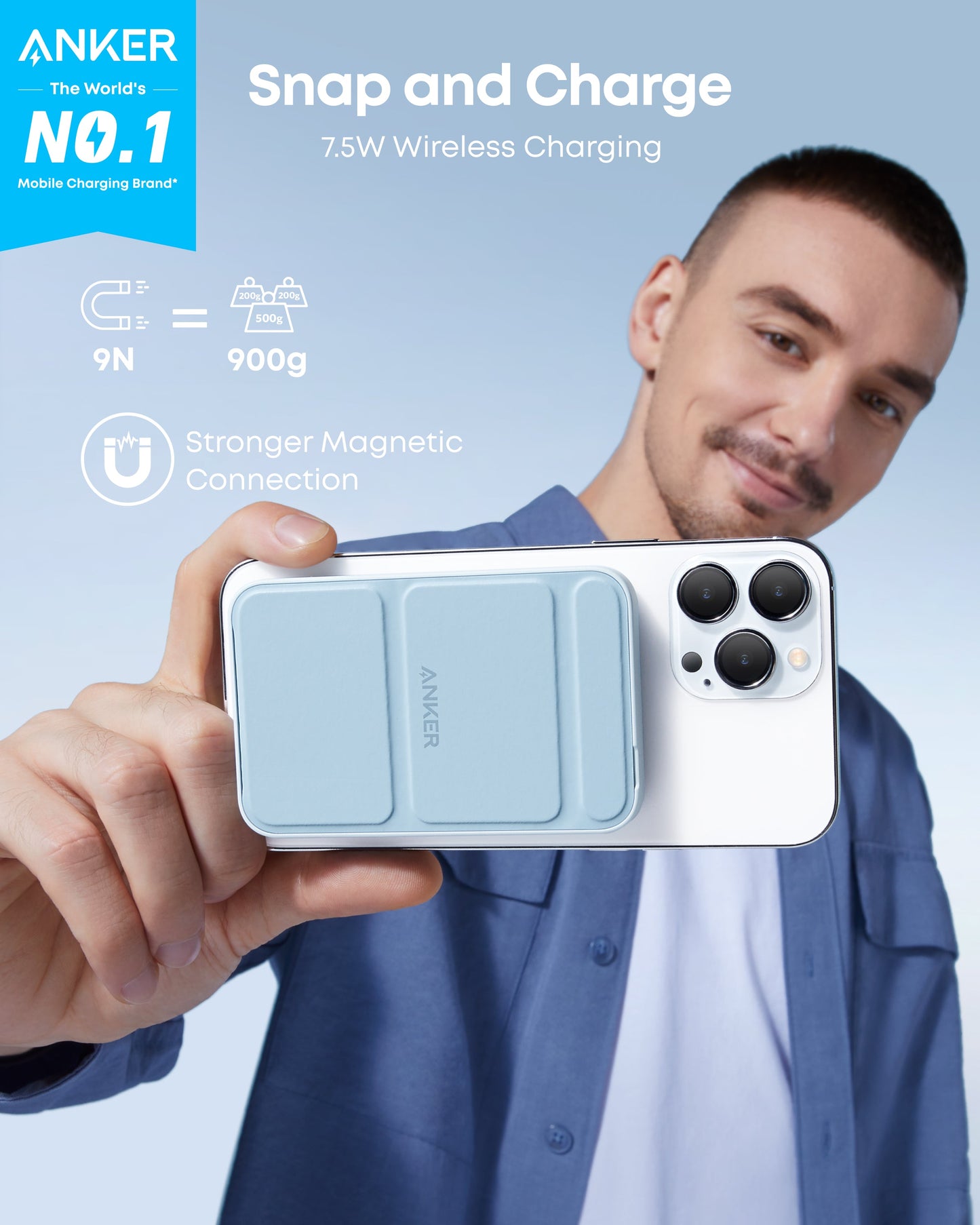 A man in a blue shirt smiles, holding a white smartphone with the Anker 622 Magnetic Battery (MagGo) attached. Text reads “Snap and Charge, 7.5W Wireless Charging” and “Stronger Magnetic Connection.” Anker branding is visible.