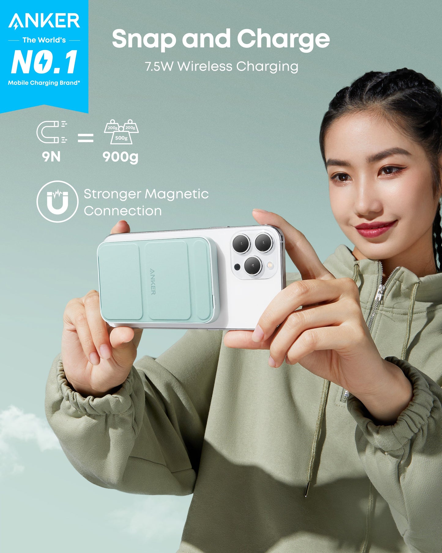 A smiling woman in a green hoodie holds a white smartphone with the mint-green Anker 622 Magnetic Battery (MagGo) attached. Text highlights Snap and Charge, 7.5W wireless charging, strong magnetic connection, and Anker as the No. 1 charging brand.