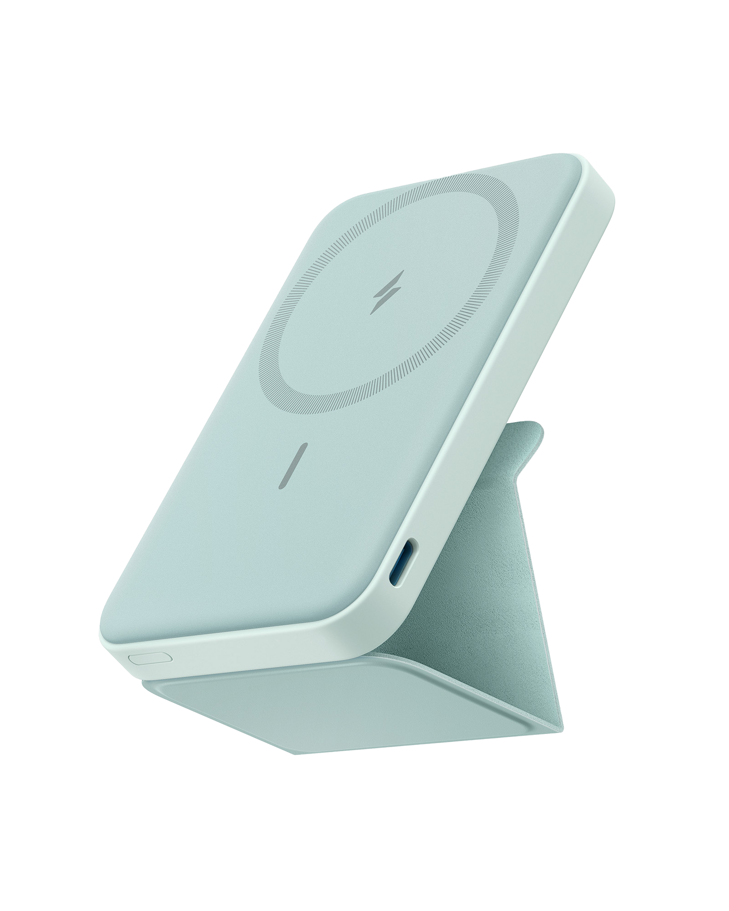 The Anker 622 Magnetic Battery (MagGo) by Anker is a light blue, rectangular wireless charging power bank with rounded edges, a circular charging symbol, lightning bolt icon, USB-C port, and foldable kickstand on a plain white background.