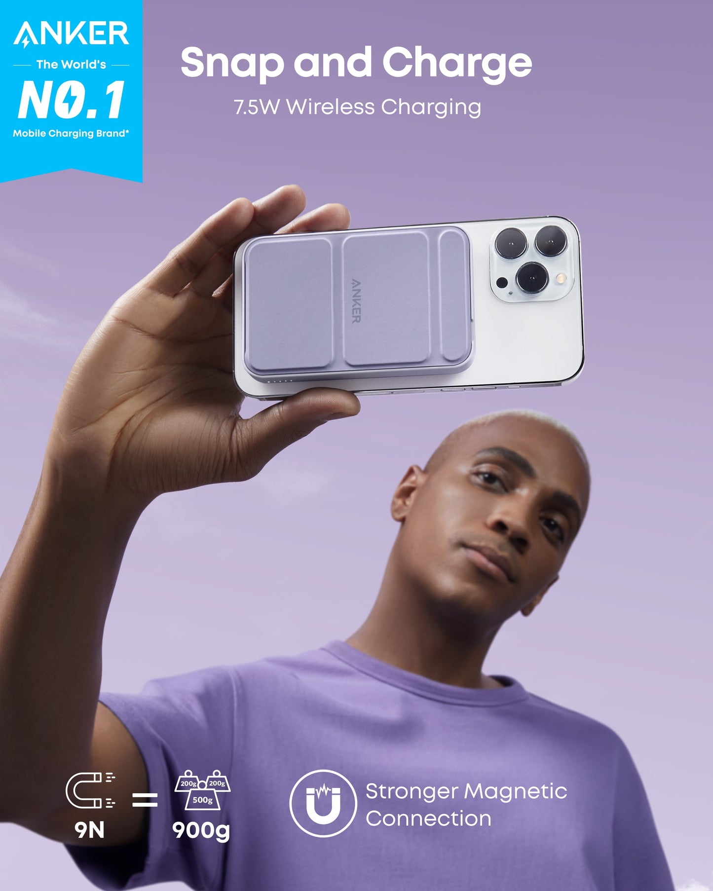 A person in a lavender shirt holds a white smartphone with the Anker 622 Magnetic Battery (MagGo), featuring 7.5W fast charging and a strong magnetic connection—Anker is the world’s No.1 mobile charging brand.