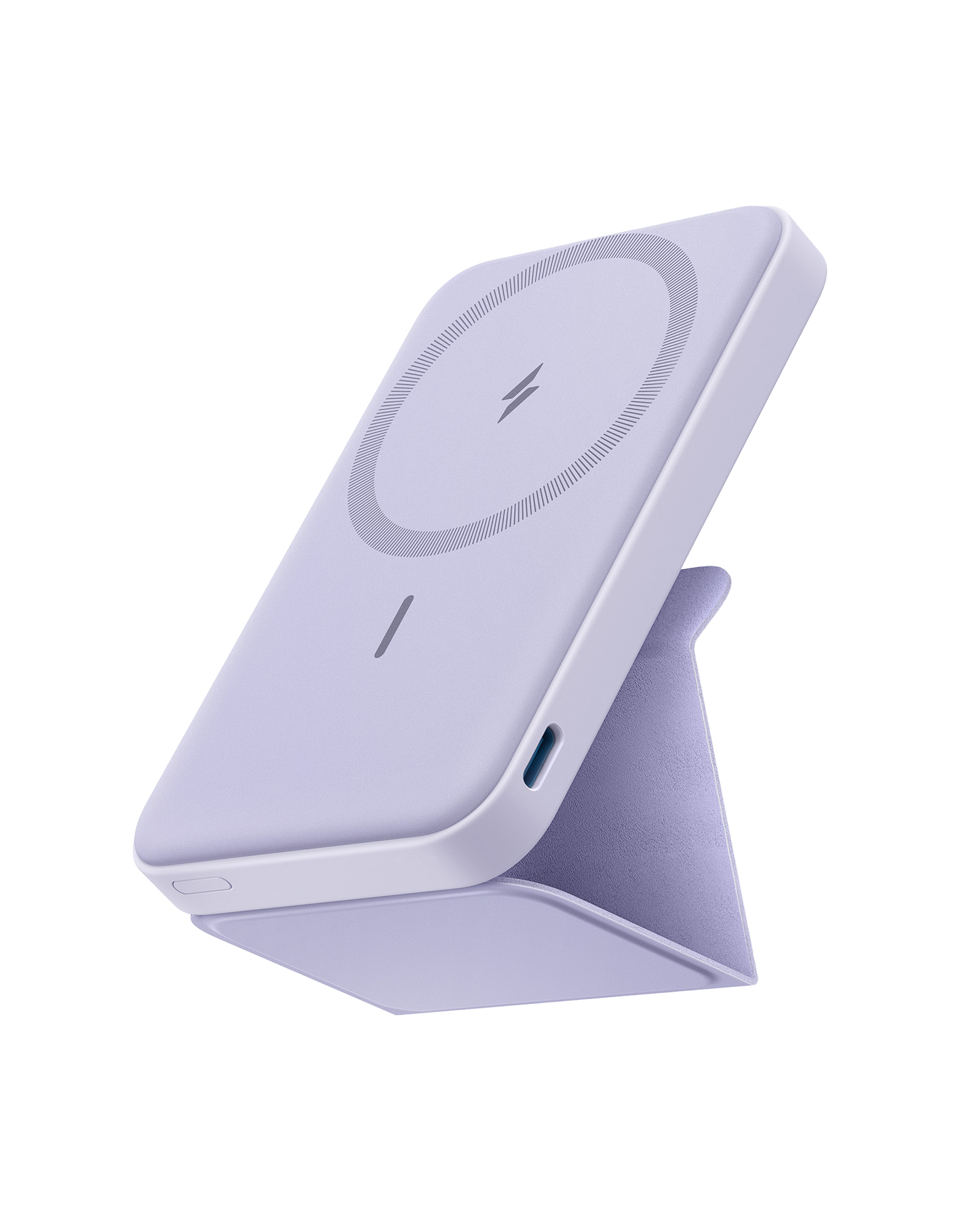 The Anker 622 Magnetic Battery (MagGo) by Anker, shown in light purple, features a foldable kickstand, visible MagSafe charging area, LED indicator, and side USB-C port. It stands upright at an angle against a white background.
