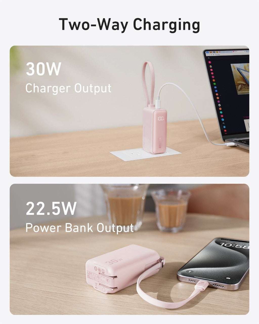 Two-panel image of the Anker Power Bank (30W, 5k, Fusion, Built-In USB-C Cable): Top shows it as a 30W USB-C wall charger; bottom charges a smartphone at 22.5W amid cups and tech gadgets. Brand: Anker.