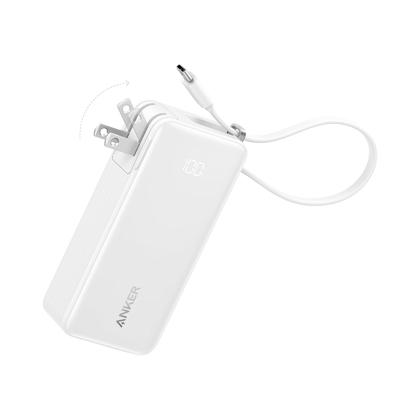 The Anker Power Bank (10K, Fusion, Built-In Cable) by Anker is shown in white with foldable prongs and a built-in cable looped around it. It offers 30W fast charging and features an LED display for battery or charging status against a plain white background.