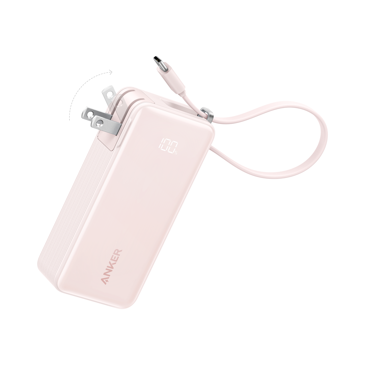 The Anker Power Bank (10K, Fusion, Built-In Cable) by Anker is pink with foldable prongs, a built-in USB-C charging cable, digital battery display, and 30W fast charging. It’s shown on a plain white background.