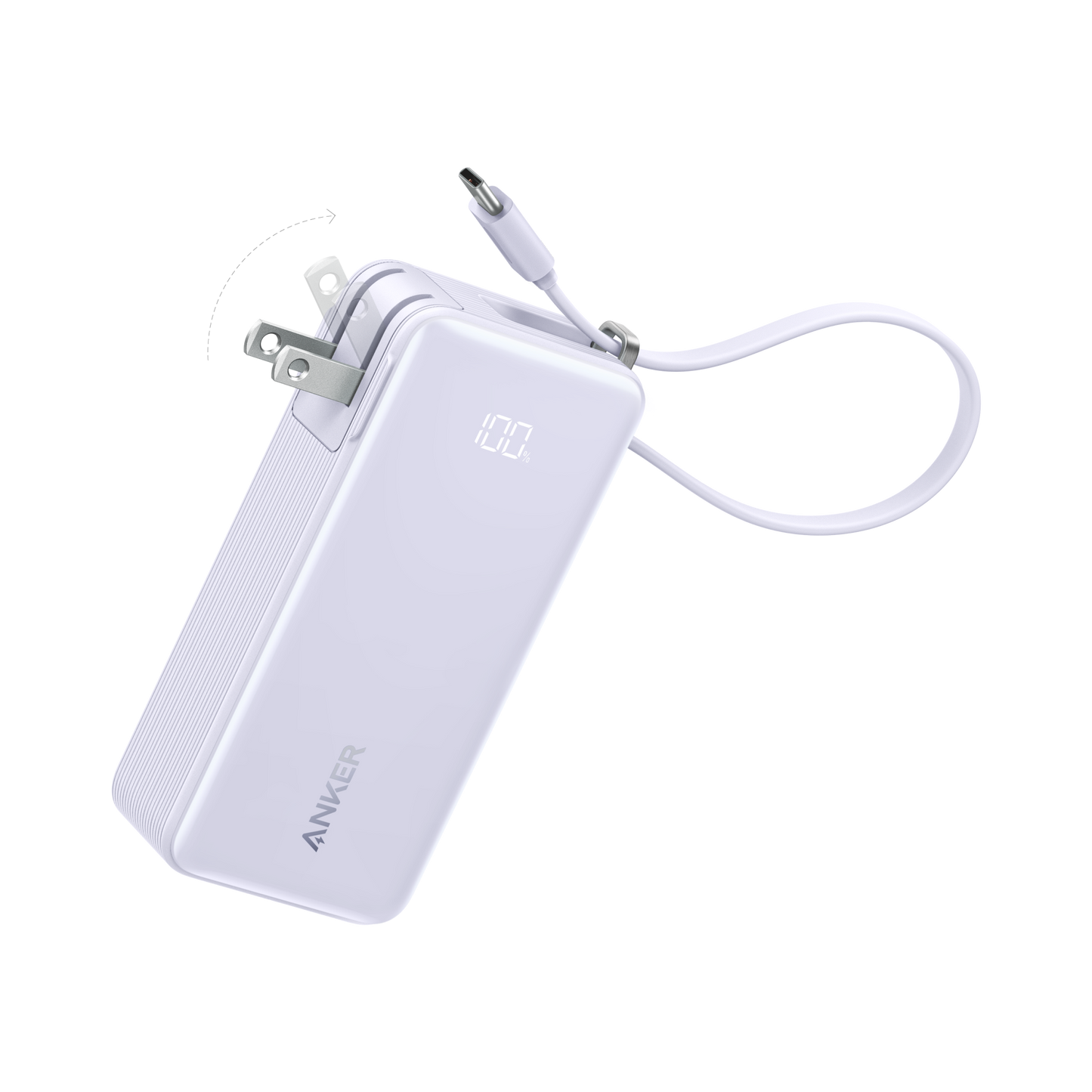 Anker Power Bank (10K, Fusion, Built-In Cable) by Anker shown in white with foldable prongs and a USB-C cable wrapped around it. Its display reads 100, emphasizing 30W fast charging. The sleek rectangle is set on a plain white background.