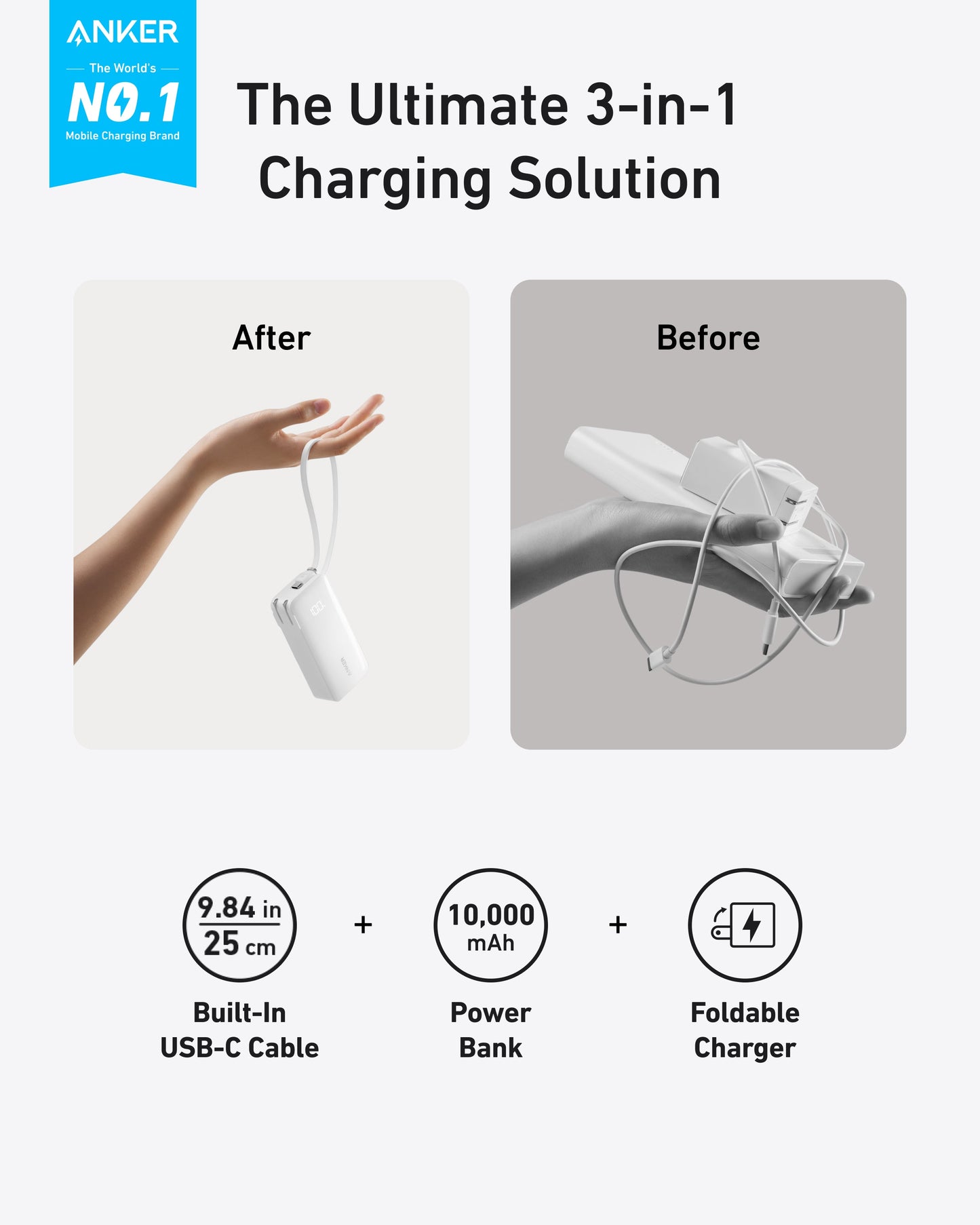 A comparison image shows two hands: one tidy with the white Anker Power Bank (10K, Fusion, Built-In Cable)—After—and one tangled with devices—Before. Highlights Anker’s 3-in-1 charger for power bank, cable, and 30W fast charge.