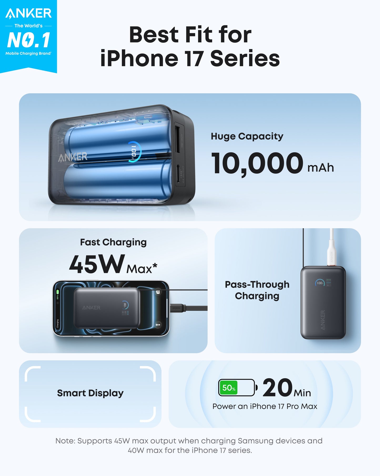 The Anker Nano Power Bank (10K, 45W) with a blue finish is shown charging an iPhone 17 via its retractable USB-C cable. Features include 10,000mAh capacity, 45W fast charging, pass-through charging, smart display, and rapid 20-min power for iPhone 17 Pro Max.