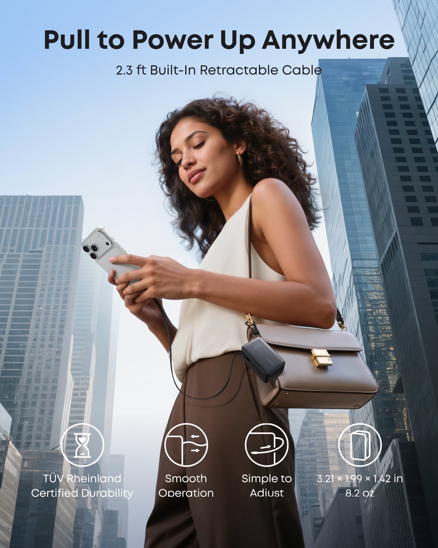 A woman in the city uses her smartphone with an Anker Nano Power Bank (10K, 45W) clipped to her bag, its built-in retractable USB-C cable connected. Overlay icons show fast charging, smooth use, easy adjustment, and compact size—all from Anker.