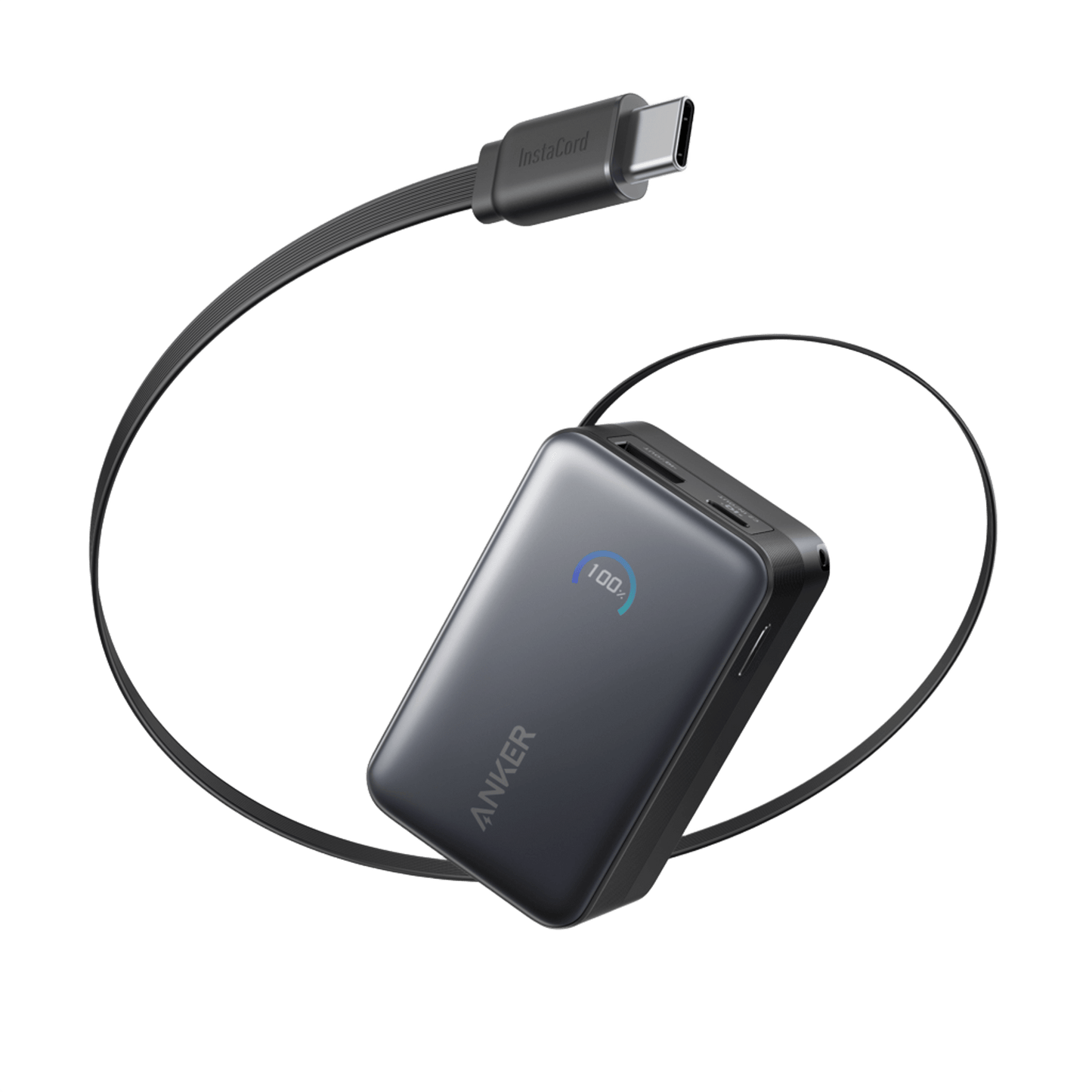The Anker Nano Power Bank (10K, 45W) is a compact black device with a blue digital display reading "100" for full charge. Its built-in retractable USB-C cable, labeled "InstaCord," loops around the charger against a plain white background.