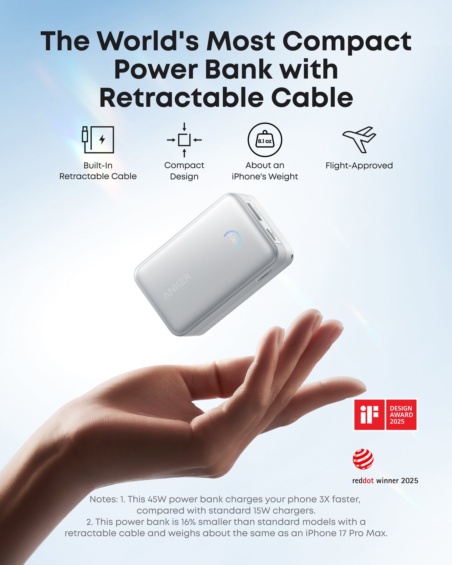 A hand holds the sleek silver Anker Nano Power Bank (10K, 45W, Built-In Retractable USB-C Cable) against a blue-white backdrop. Text highlights its compact design, built-in cable, fast iPhone charging, and flight approval. Design awards shown bottom right.