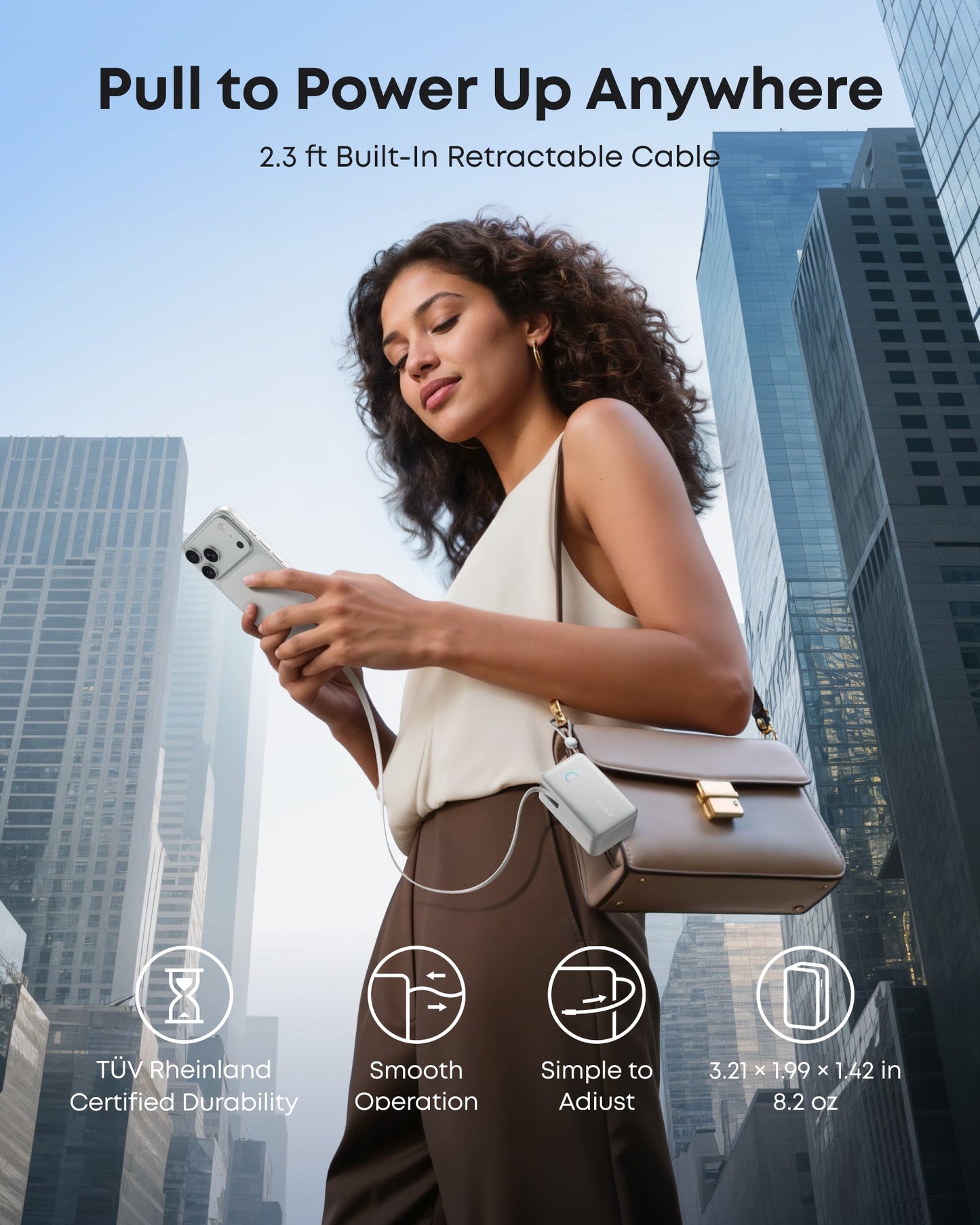 A woman uses her smartphone outdoors among skyscrapers, powered by the Anker Nano Power Bank (10K, 45W) with a 2.3 ft built-in retractable USB-C cable. Text highlights fast charging, certified durability, and smooth operation from Anker.