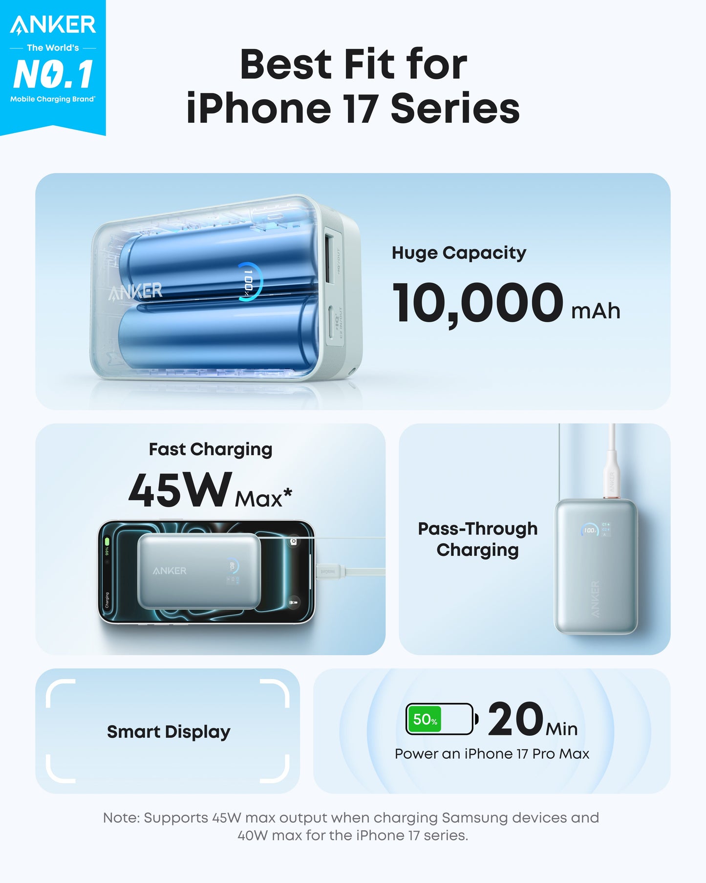 The Anker Nano Power Bank (10K, 45W, Built-In Retractable USB-C Cable), in blue, charges an iPhone 17 Pro Max in 20 minutes. Features: 45W max fast charging, pass-through charging, smart display. No.1 brand—Anker.