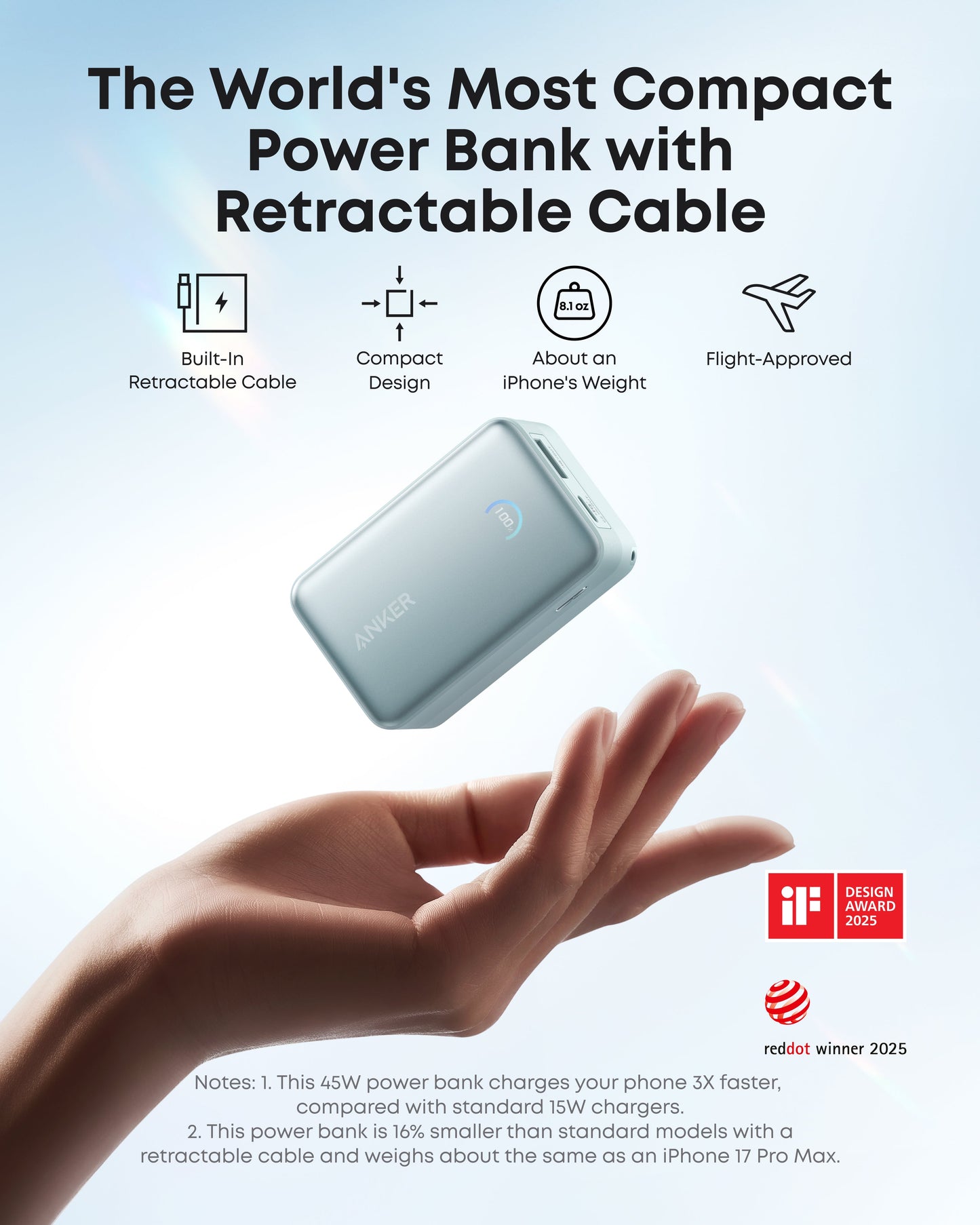 A hand holds the compact, silver Anker Nano Power Bank (10K, 45W) with a blue light. Icons show its retractable USB-C cable, fast charging, iPhone support, and flight approval. It’s the World's Most Compact Power Bank with Retractable Cable.