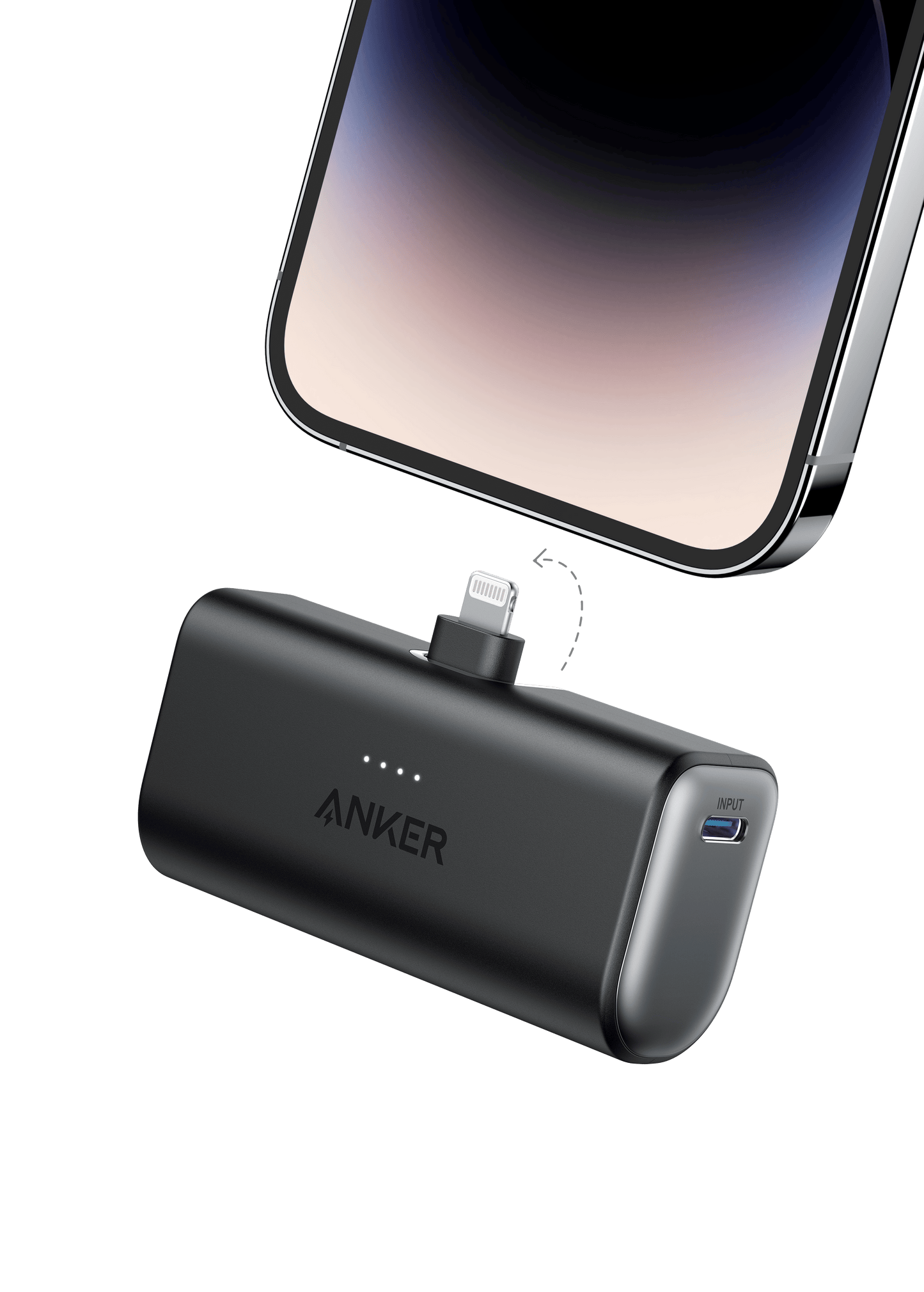 The Anker Nano Power Bank (12W, Built-In Lightning Connector)—a compact black MFi-certified device with four LED indicators and a USB-C port—is shown near an iPhone, set against a light gray minimalistic background.