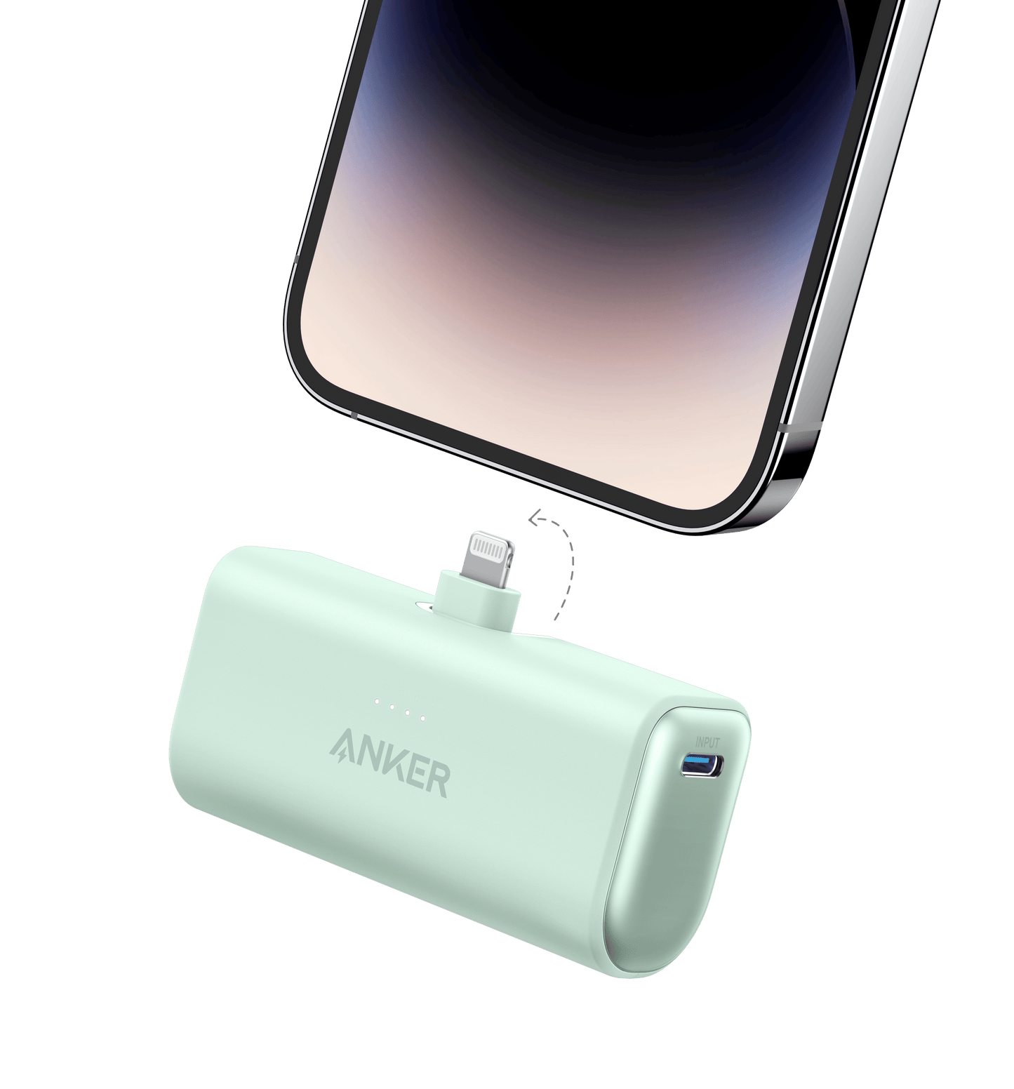 The Anker Nano Power Bank (12W, Built-In Lightning Connector) in mint green is shown below a smartphone, illustrating its direct plug-in charging. Four LED indicators and a USB-C port are visible on this Anker charger.