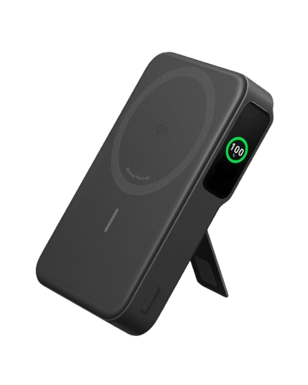 The Anker MagGo Power Bank (10K) by Anker is a sleek black Qi2 certified wireless charging stand featuring a circular 15W pad, back kickstand, and a side digital display showing "100" in green to indicate full charge.