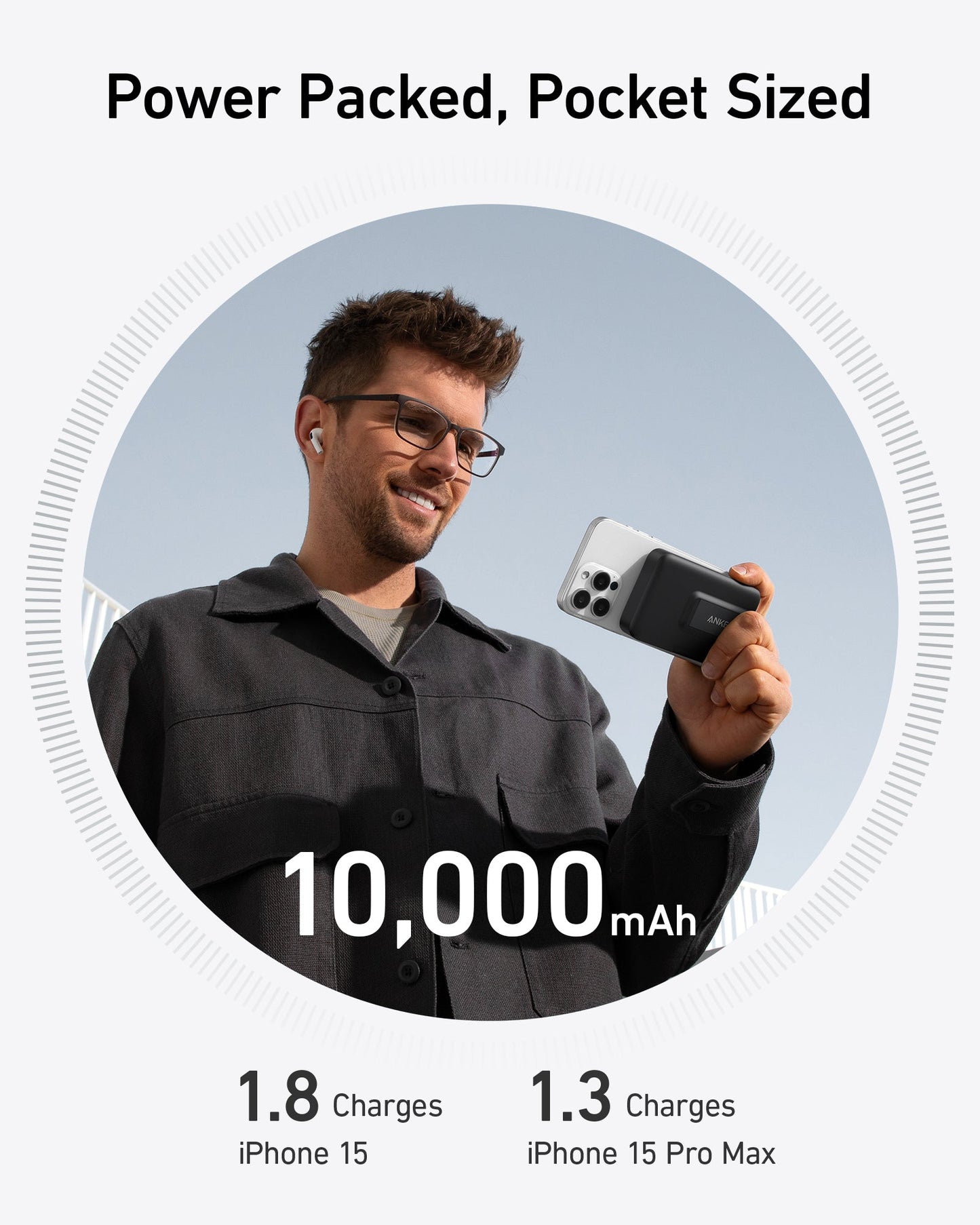 A smiling man with glasses and earphones holds an Anker MagGo Power Bank (10K) attached to his iPhone. The text reads, “Power Packed, Pocket Sized.” Features: 10,000mAh, Qi2 certified, 15W wireless charging for iPhone 15 series.