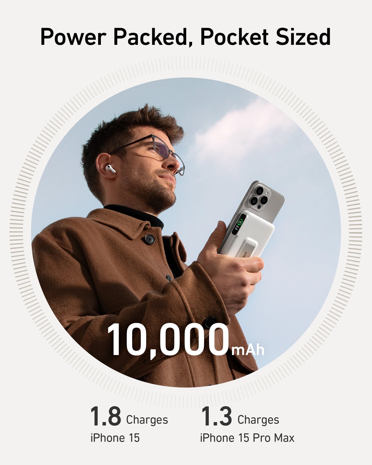 A man in a brown coat and sunglasses holds an Anker MagGo Power Bank (10K) and a smartphone. Above him, text reads “Power Packed, Pocket Sized.” Below, “10,000 mAh” is shown along with “Qi2 certified 15W wireless charging.”.