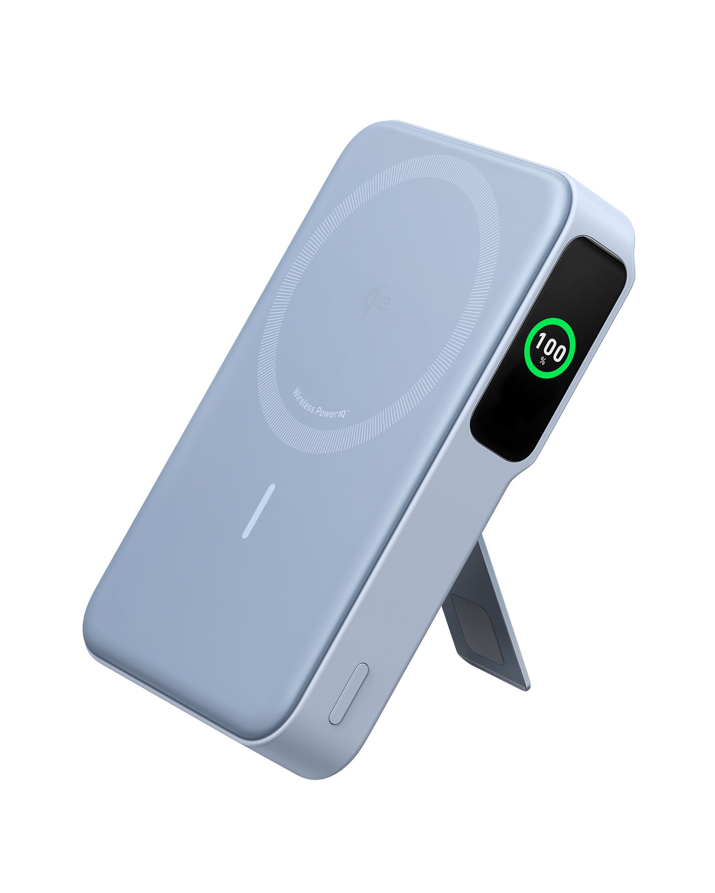 The Anker MagGo Power Bank (10K) by Anker is displayed upright in light blue, featuring 15W wireless charging, a built-in stand, smooth edges, a circular charging area on the front, and a side display with a green 100% battery icon.