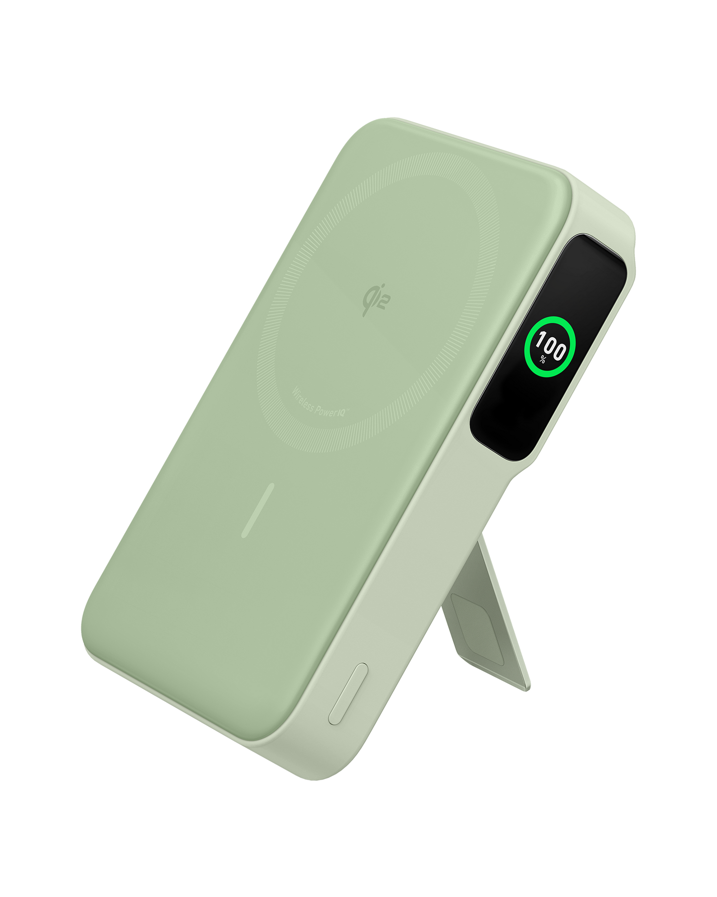 The Anker MagGo Power Bank (10K) by Anker is a mint green, Qi2 certified portable wireless charger with a built-in stand, digital display showing 100% battery, and USB-C port. It's shown in a three-quarter view on a white background.