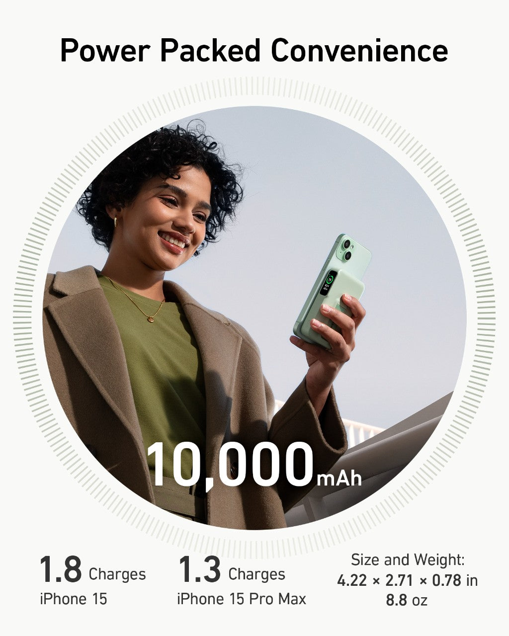 A smiling woman in a green coat holds an Anker MagGo Power Bank (10K) and a mint green smartphone outdoors. Text: 10,000mAh, 1.8 iPhone 15 charges, plus Qi2 certified and 15W wireless charging. Brand: Anker.
