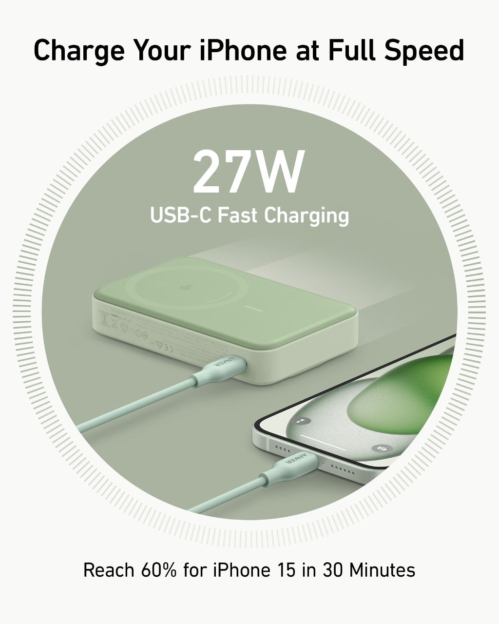The green Anker MagGo Power Bank (10K) charges your iPhone at full speed with 27W USB-C Fast Charging and Qi2 certified charging, powering iPhone 15 to 60% in 30 minutes. Circular lines frame the charger. Includes USB-C cable.