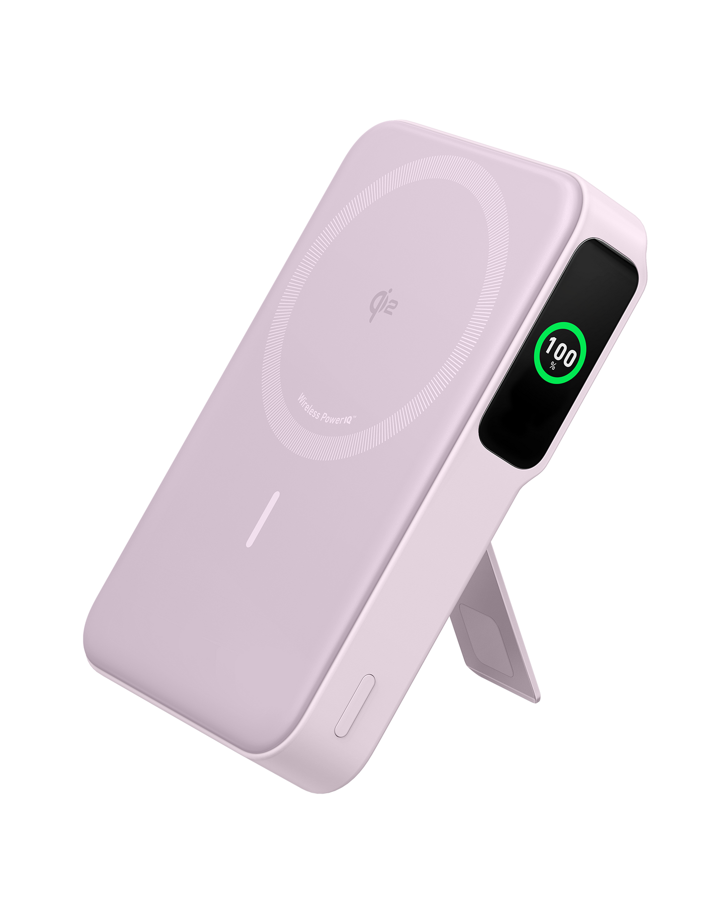 The Anker MagGo Power Bank (10K) by Anker features a sleek light purple design, 15W Qi2 certified wireless charging, built-in kickstand, circular charging area, and a side display showing charge status for convenient power on the go.