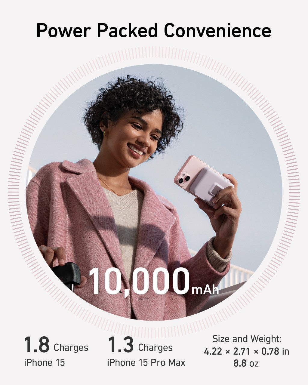 A smiling woman in a pink coat holds a pink Anker MagGo Power Bank (10K) and iPhone. Text: “Anker MagGo Power Bank (10K): 15W wireless charging, Qi2 certified, 10,000mAh, 4.22x2.71x0.78 in, 8.8 oz.”.