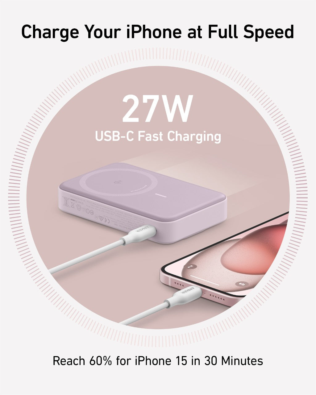A lavender Anker MagGo Power Bank (10K) by Anker with a USB-C cable charges an iPhone 15. Text reads “Qi2 Certified 15W Wireless Charging,” “27W USB-C Fast Charging,” and “60% for iPhone 15 in 30 Minutes.” Both on a light surface.
