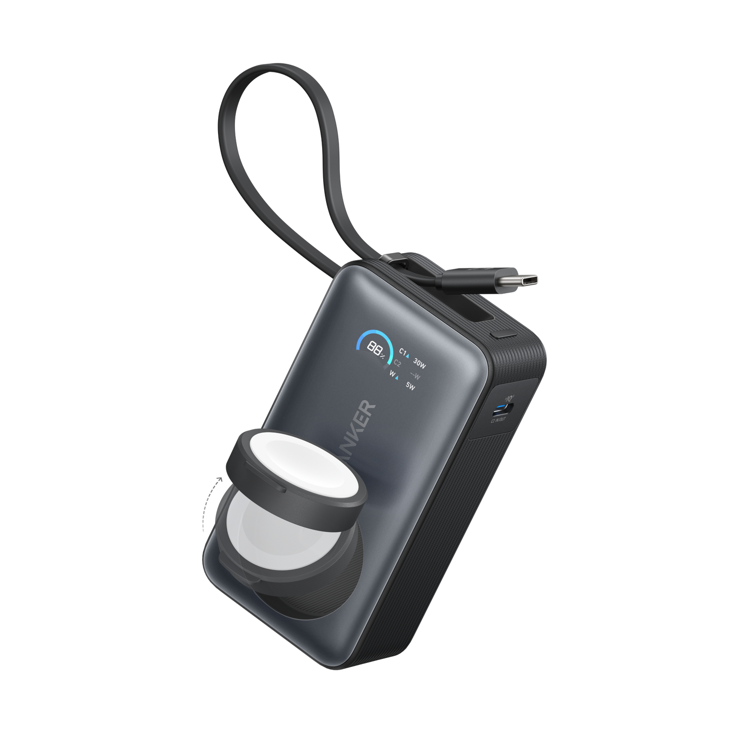 The Anker MagGo Power Bank (10K, 35W, For Apple Watch) is a gray portable charger with a digital display at 80% charge, built-in USB-C cable, side USB-A port, and integrated Apple Watch charger—ideal for on-the-go power.