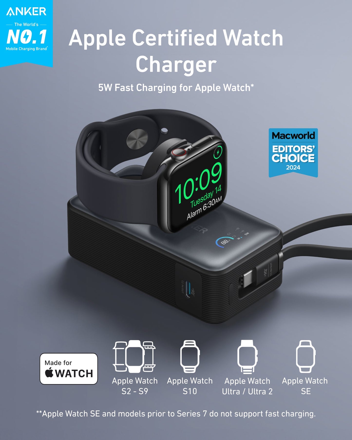 A black Apple Watch sits on the Anker MagGo Power Bank (10K, 35W, For Apple Watch), showing 10:09 and a 6:30 AM alarm. The scene highlights Anker branding, a Macworld Editors’ Choice 2024 badge, compatibility icons, and fast 5W charging.
