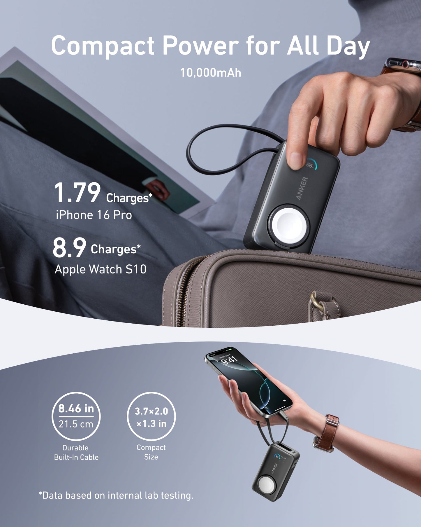 Someone slides the slim 8.46-inch Anker MagGo Power Bank (10K, 35W, For Apple Watch) with built-in cable and Apple Watch charger into a beige bag—10,000mAh charges iPhone 16 Pro 1.79x and Apple Watch S10 8.9x.