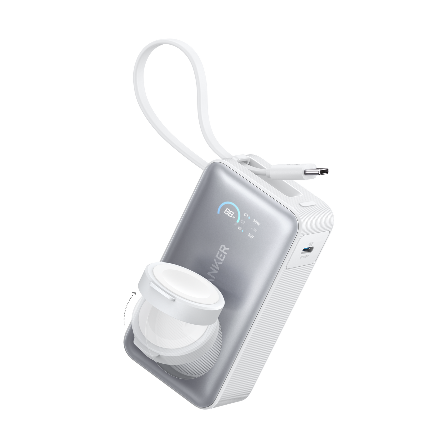 The Anker MagGo Power Bank (10K, 35W, For Apple Watch) is a modern rectangular device with a digital “80%” display, USB port with white cord, rotating front dial, and “ANKER” branding—shown on a white background.
