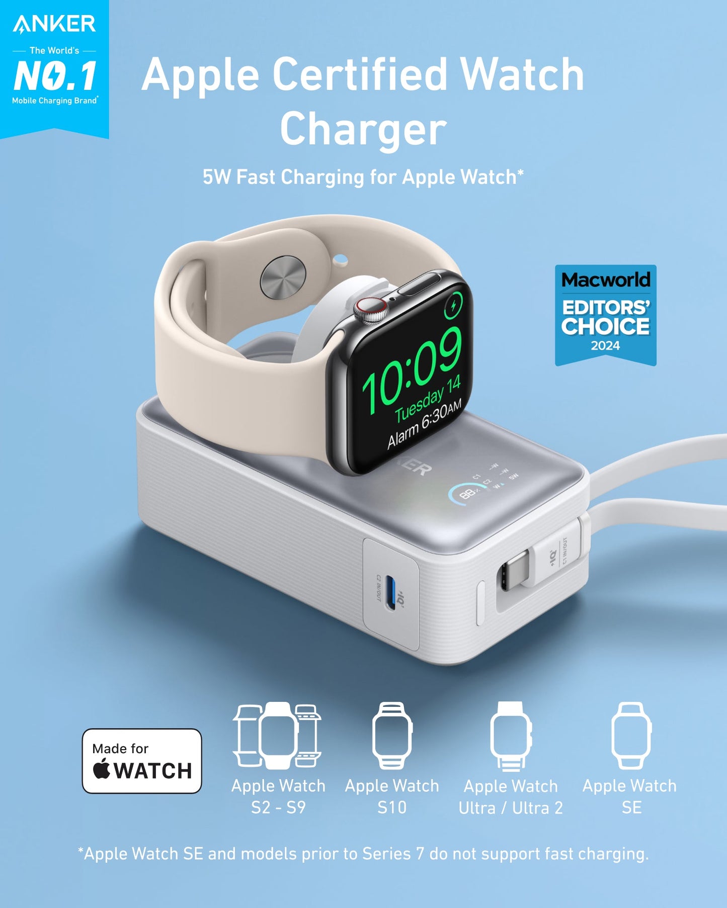 A white Apple Watch charges on the Anker MagGo Power Bank (10K, 35W, For Apple Watch). The display shows time and alarm. Text highlights "Apple Certified Watch Charger," USB-C power bank compatibility, supported models, and top ratings.