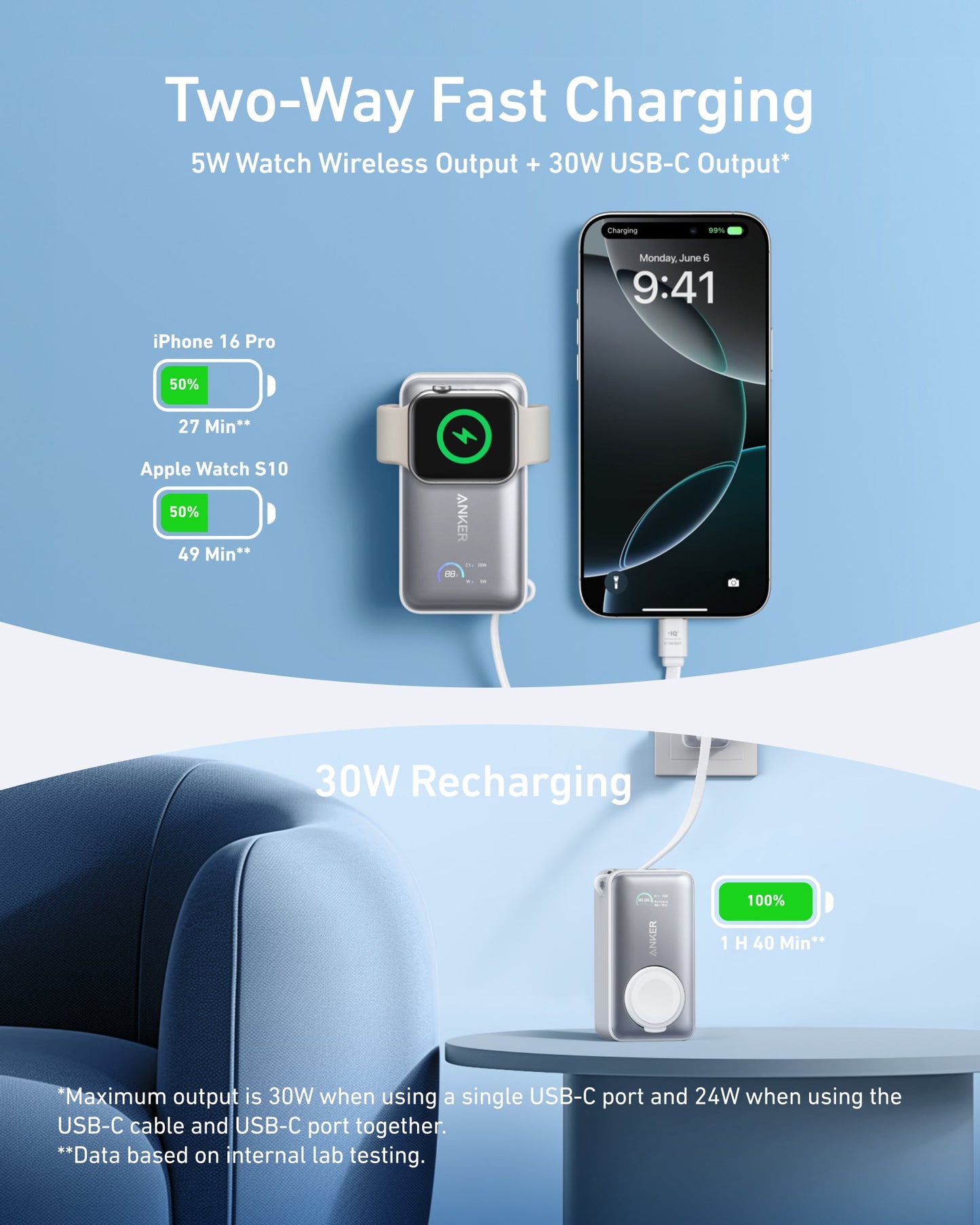 Anker MagGo Power Bank (10K, 35W) by Anker charges your Apple Watch wirelessly and powers smartphones via USB-C. It features Two-Way Fast Charging, 30W recharging, and serves as a USB-C power bank—a blue chair appears in the foreground.