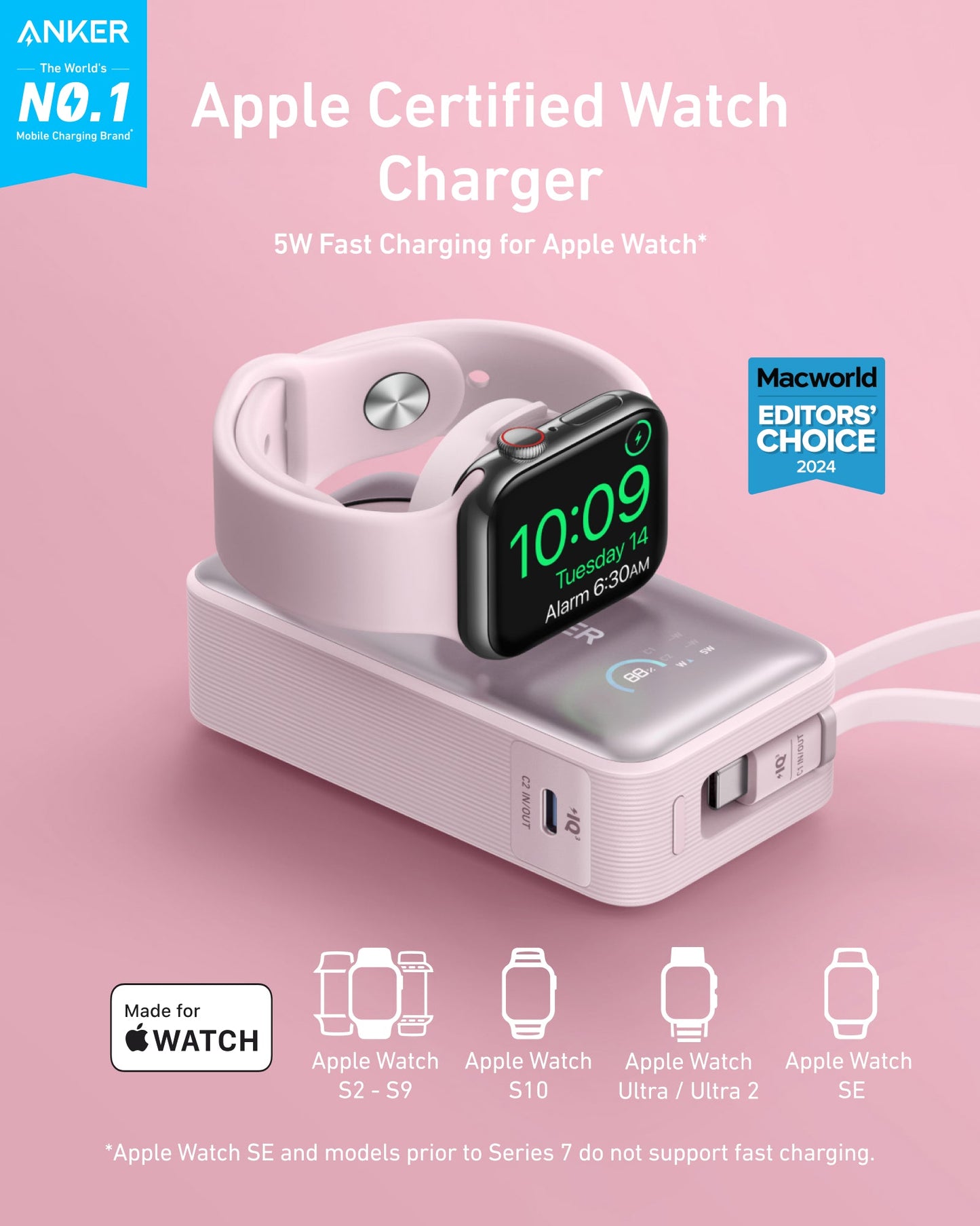 A pink Apple Watch charges on the white Anker MagGo Power Bank (10K, 35W, For Apple Watch). The display shows time and alarm. Features include Apple Certified charging, 5W fast charge, wide compatibility, and Macworld Editors Choice 2024.