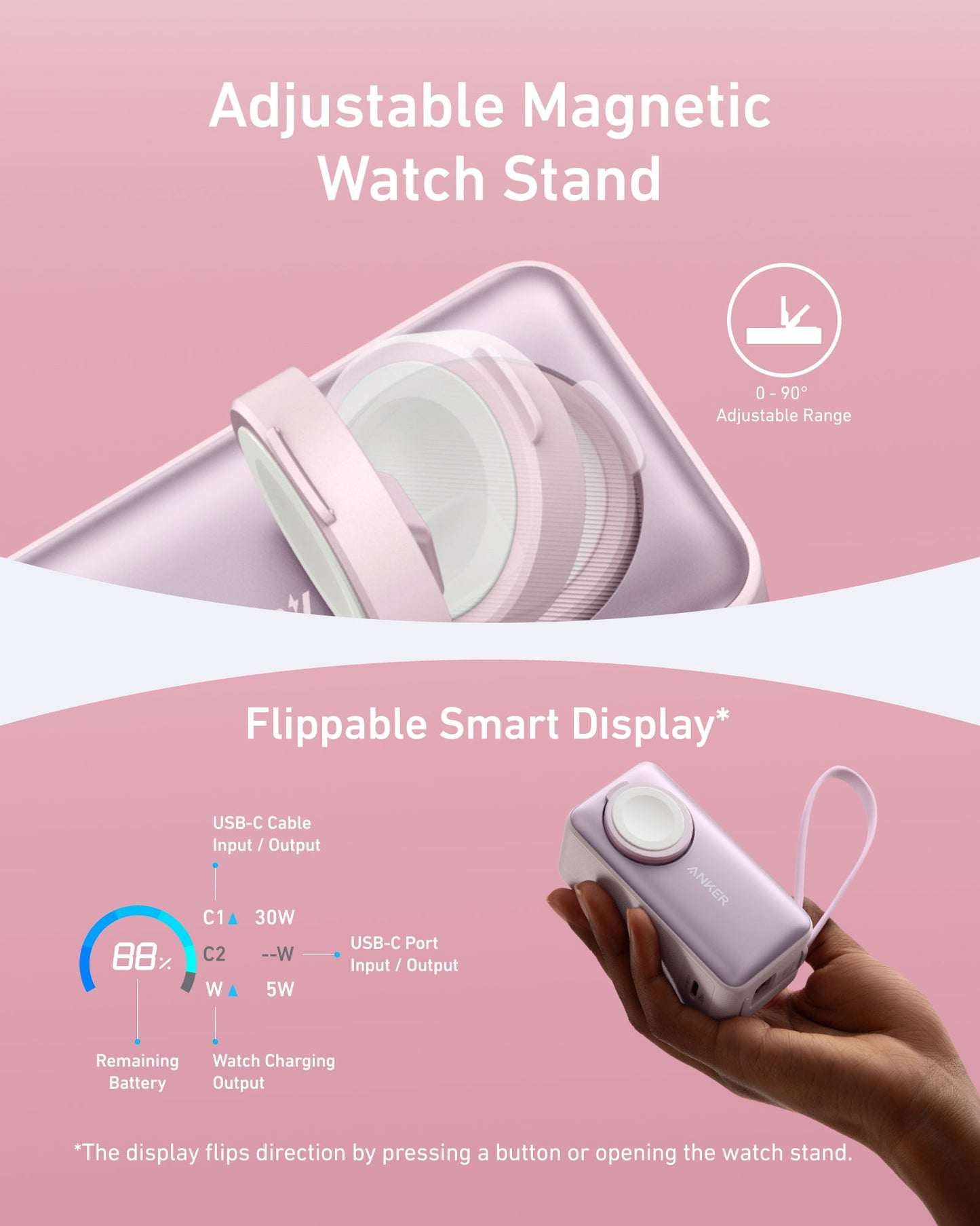 The Anker MagGo Power Bank (10K, 35W, For Apple Watch) is shown upright and tilted in pink. A hand holds the stand, highlighting its flippable display with battery and charging info, labeled “USB-C Port,” by Anker.