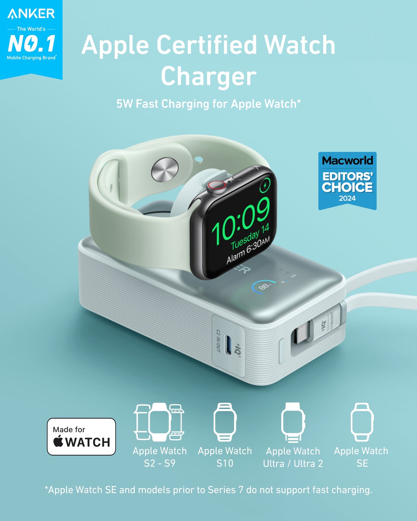 A mint green Apple Watch sits on the Anker MagGo Power Bank (10K, 35W, For Apple Watch), showing 10:09 and an alarm. The text highlights “Apple Certified,” 5W fast charging, USB-C support, and a Macworld Editors’ Choice 2024 badge.