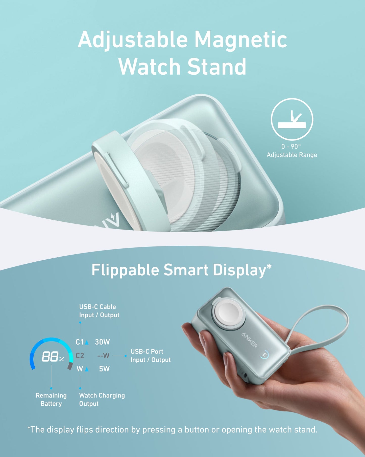 The Anker MagGo Power Bank (10K, 35W, For Apple Watch) by Anker sits on a light blue magnetic stand with adjustable (0-90°) and flippable display, showing battery percent and USB-C ports for versatile charging.