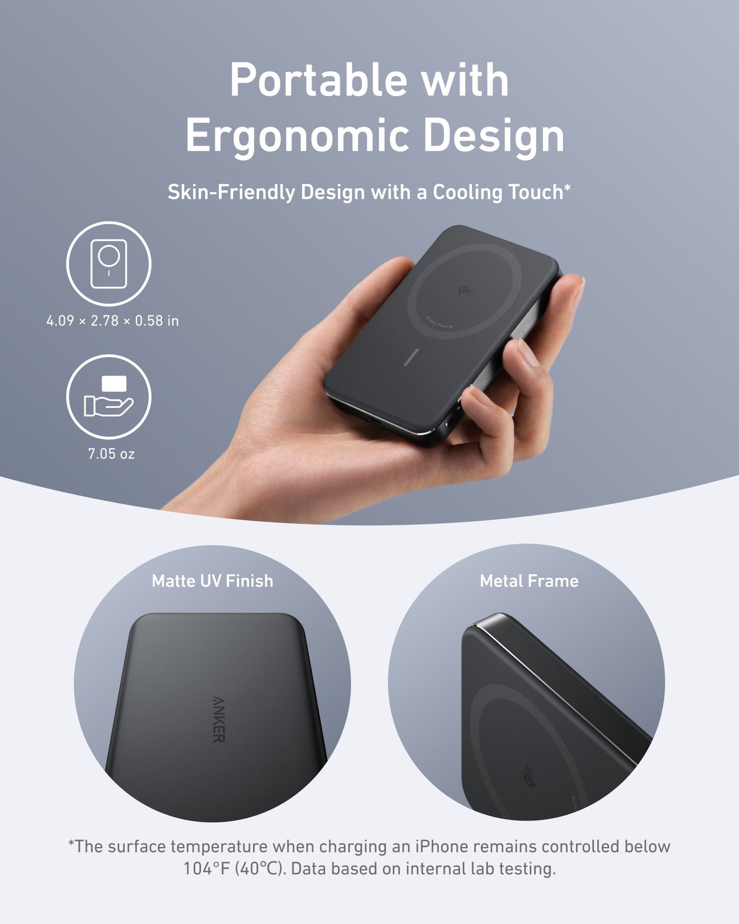 A hand holds the Anker MagGo Power Bank (10K, Slim), a black wireless charger with a circular pad, matte UV finish, metal frame, and ergonomic cool-to-touch design. Dimensions: 4.09 x 2.78 x 0.58 in; weight: 7.05 oz.