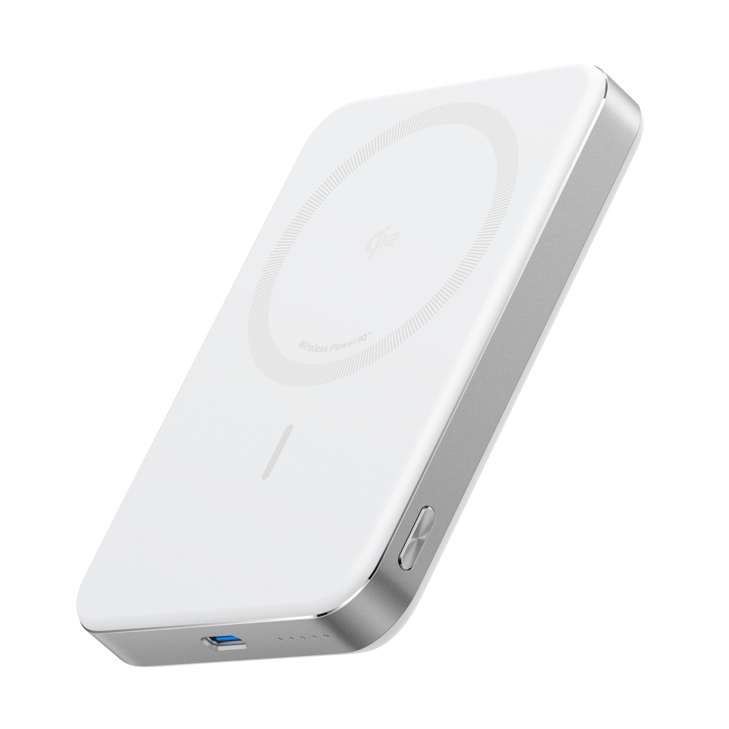 The Anker MagGo Power Bank (10K, Slim) by Anker is shown in white with a rectangular design, rounded edges, circular charging pad, side power button, USB-C port, and LED indicators against a plain white background.