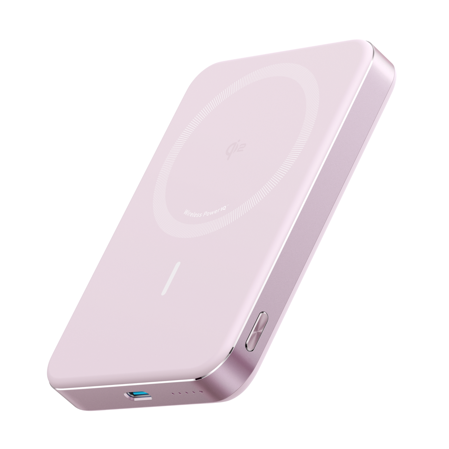 The Anker MagGo Power Bank (10K, Slim) by Anker is a light pink, rectangular device with rounded edges, a circular 15W wireless charging pad on top, side power button, and a USB port on the bottom edge against a white background.