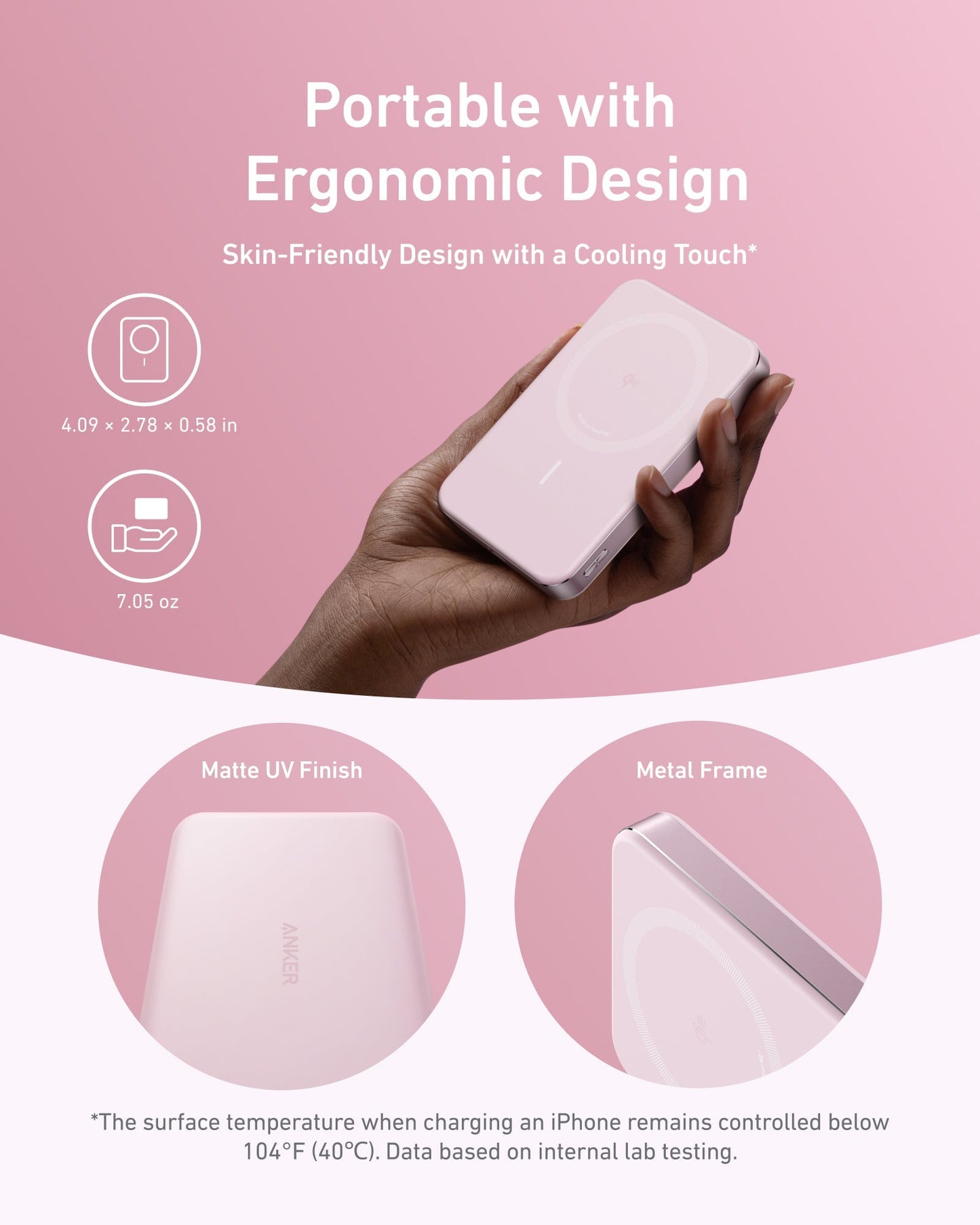 A hand holds the slim, light pink Anker MagGo Power Bank (10K, Slim) with rounded edges against a pink backdrop. Text highlights its ergonomic, skin-friendly feel and 10W/15W wireless charging. Close-ups show matte UV finish, metal frame, and temperature limits in fine print.