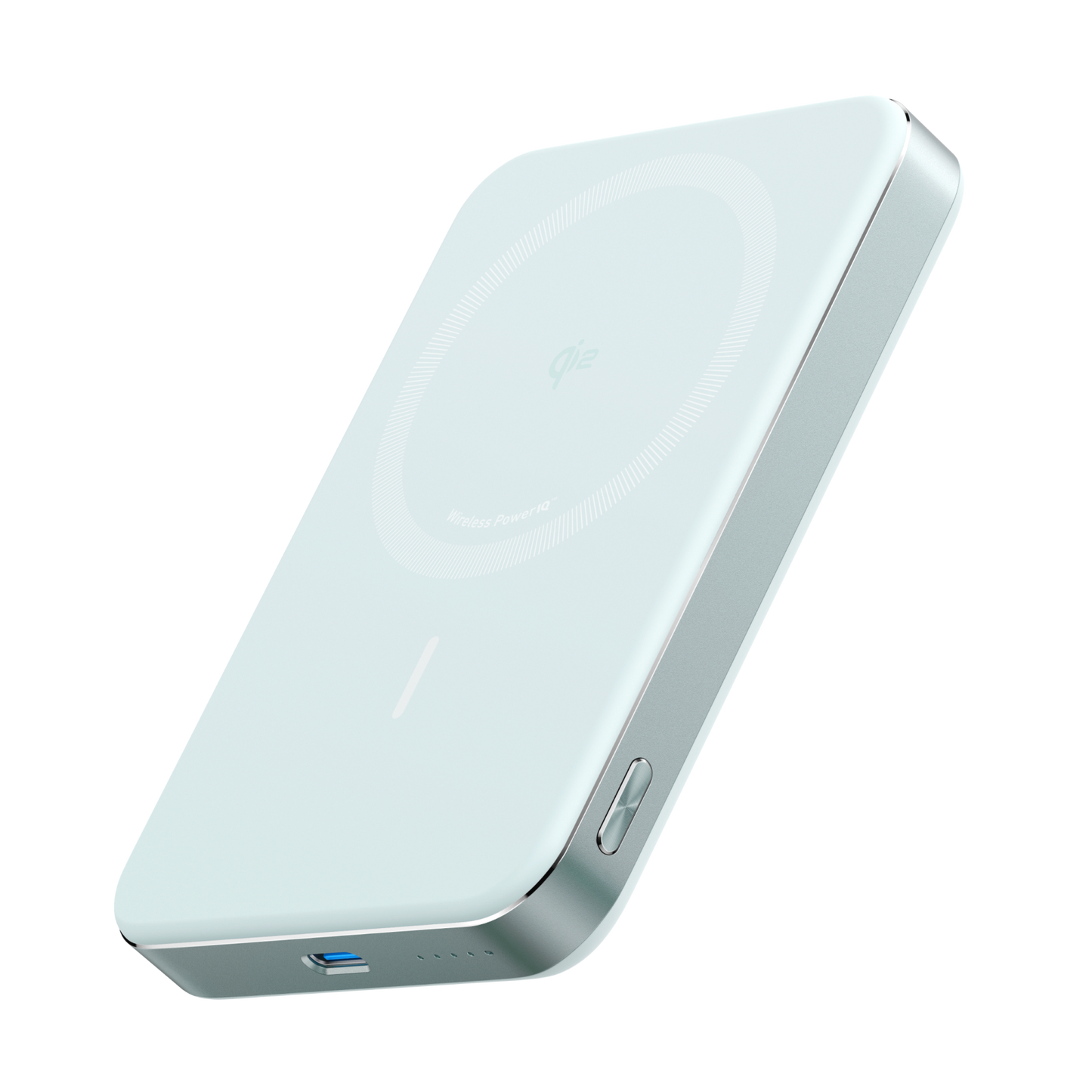 The Anker MagGo Power Bank (10K, Slim) by Anker is a sleek, rectangular wireless charger with rounded edges, a metallic frame, light gray surface with circular MagSafe area, side button and USB port. Shown on a plain white background.